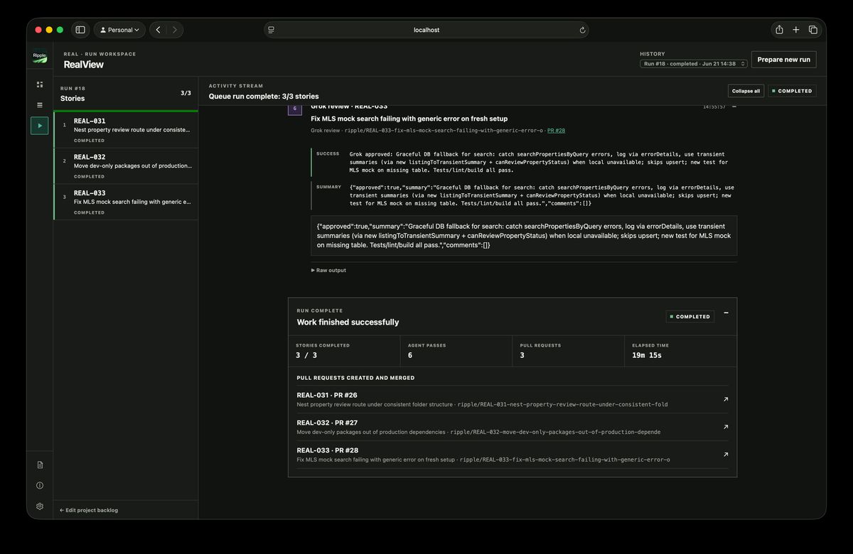 Completed Ripple run showing three stories, review output, pull requests, and elapsed time