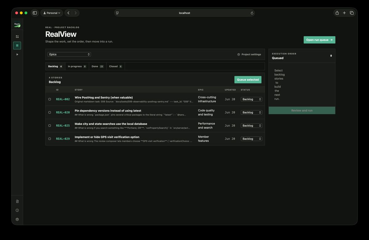 Ripple project backlog with selectable stories and an execution queue