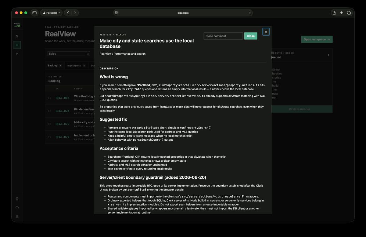 Ripple story detail with description, acceptance criteria, and project constraints